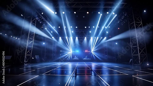 Empty concert stage with vibrant blue lights and spotlights

