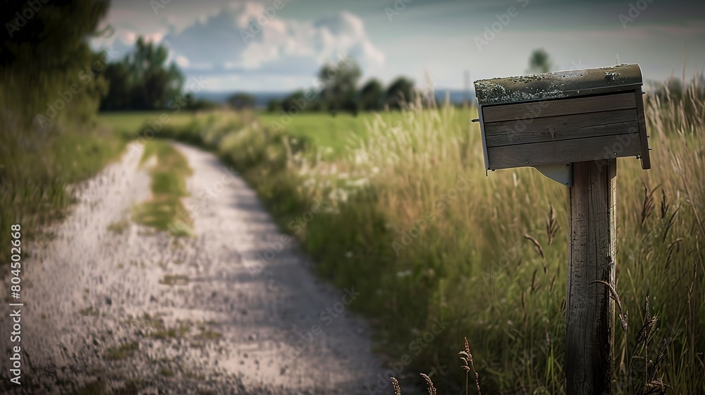 Rural mailbox on country lane, close up, weathered wood post, symbol of communication 