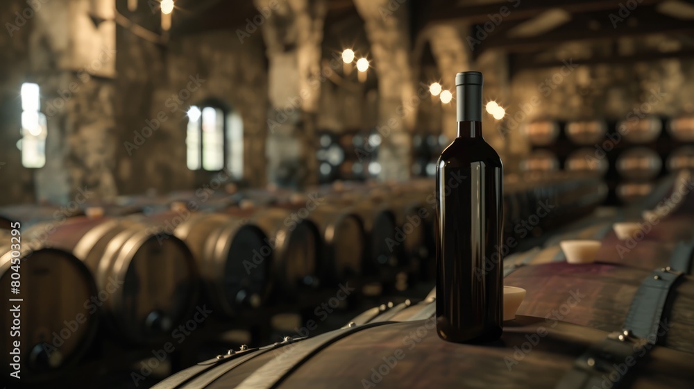 Red wine bottle mock up on on top of an old barrel, rows of barrels inside a winery or castle-like building, copy space and place for logo	
