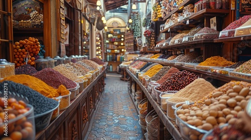 Exploring the spice bazaars of Istanbul, aromatic treasures, Turkish delights, historic markets. Photorealistic. HD.