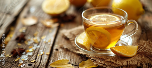 A cup of hot lemon tea with honey and anise on the wooden table