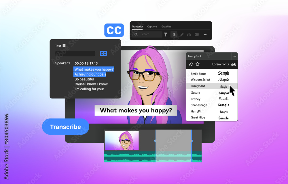 Speech to Text and Captions in Video Editor. Program Generate Subtitles. Voice Recognition feature vector illustration Speech to Text and Captions in Video Editor. Program Generate Subtitles. Voice Recognition feature vector illustration