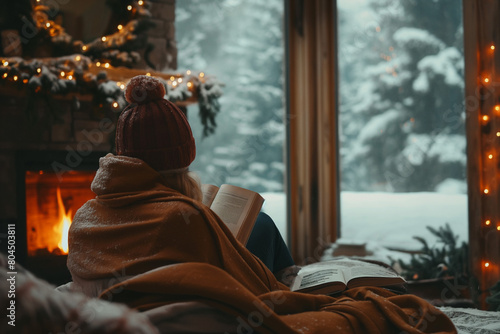 Young Woman Reading Book by Christmas Fireplace and Window at Home, Winter Cozy Lifestyle