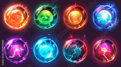 A magic energy ball game with a light glow effect icon. Electric lightning element inside a fantasy circle portal. A glowing thunder swirl. A rich 3D shiny fortune ball color set. Radial plasma