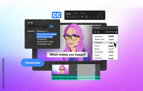 Speech to Text and Captions in Video Editor. Program Generate Subtitles. Voice Recognition feature vector illustration