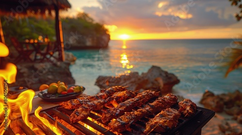 Jamaican jerk chicken, beach cookout, sunset, lively music, festive atmosphere. Photorealistic. HD.