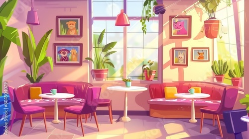 Cartoon illustration of a pet-friendly coffee shop interior with pictures on the wall, animal toys, tables, chairs, couches, and plants.