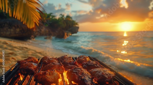 Jamaican jerk chicken, beach cookout, sunset, lively music, festive atmosphere. Photorealistic. HD. photo