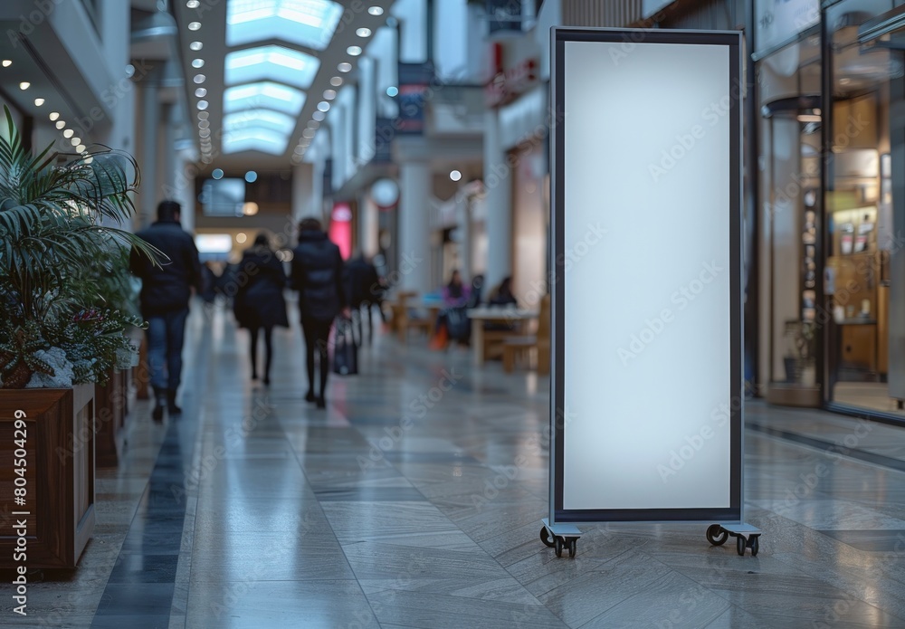 roll up mockup poster stand in an shopping center restaurant mall environment as poster stand banner design