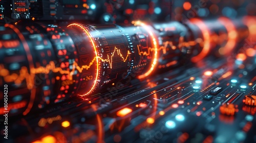 Show a futuristic visualization of the economic pulse with digital heartbeat lines weaving through animated stock market graphs, depicting the constant flow and fluctuation of the markets.