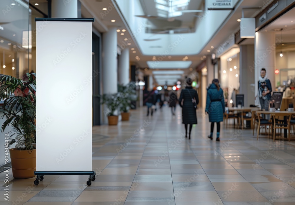 roll up mockup poster stand in an shopping center restaurant mall environment as poster stand banner design