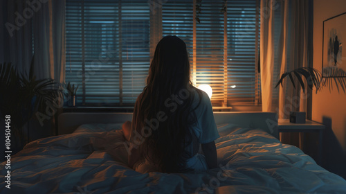 woman sitting on bed in bedroom, night time, dark room, window light, window blinds, woman seen from behind with long hair and white shirt, warm atmosphere, cosy feeling, hyper realistic, cinematic