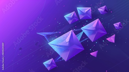 Isometric modern illustration of an email marketing service, featuring a flying paper plane and parachuting icon envelopes, an unread message and an ultraviolet web page for email marketing, sending