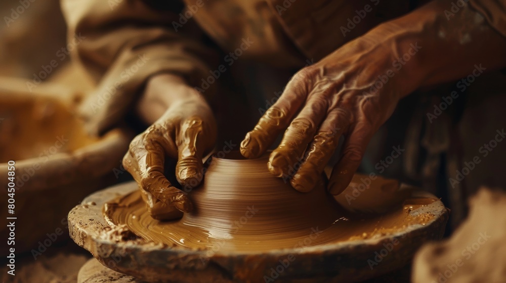 The warm earthy smell of wet clay fills the air as someone works with skilled hands on a pottery project. The warm earthy smell of wet clay fills the air as someone works with skilled hands on a pottery project.