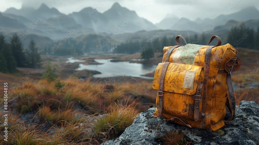 Fototapeta premium Orienteering in the Scottish Highlands, map reading, rugged terrain, navigation challenge. Photorealistic. HD.