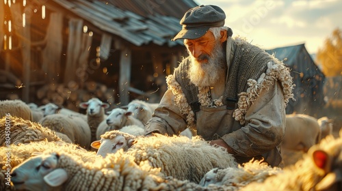 Professional sheep shearing, skilled shearer in action, flock waiting, rural setting. Photorealistic. HD. photo