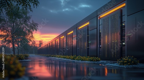 Rapidly deployable data centers serving emergency response needs. Photorealistic. HD.