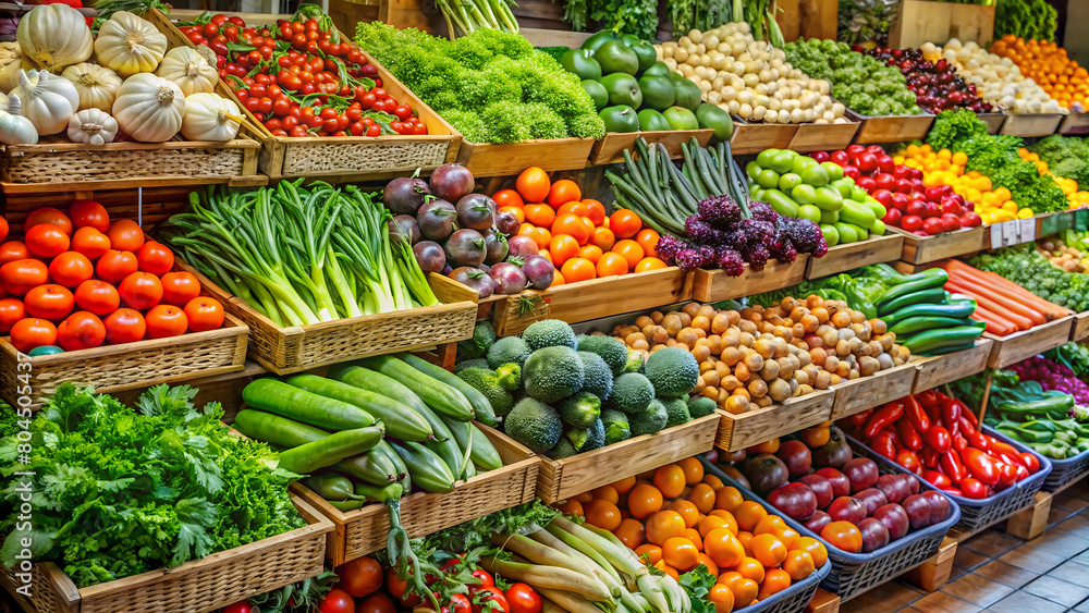 Variety of fruits and vegetables on a market stall