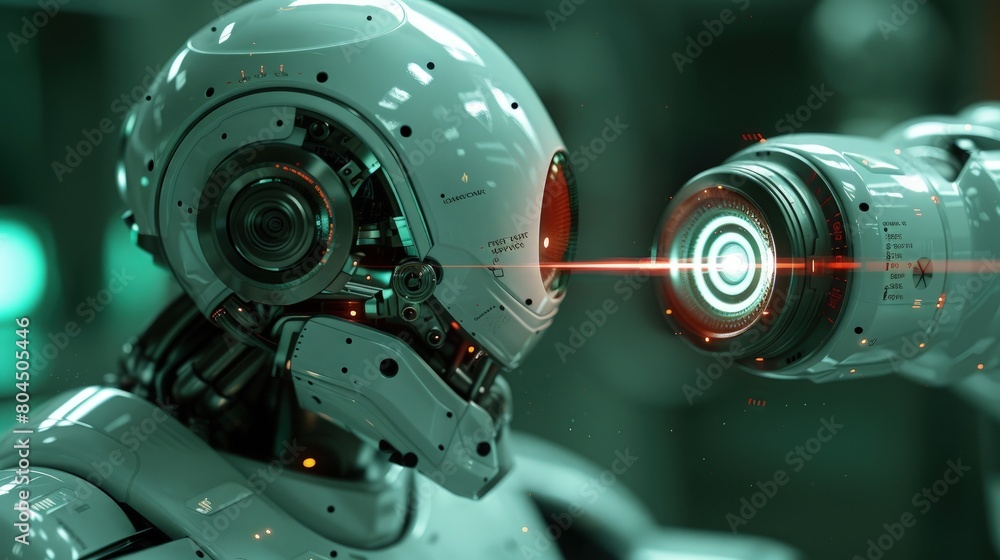 Fototapeta premium Robot performing precision optics alignment in a physics lab, high-tech environment. Photorealistic. HD.