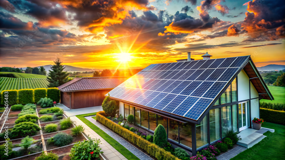 Solar panels installed on the roof of a house with beautiful sunset. Solar panels installed on the roof of a house with beautiful sunset.
