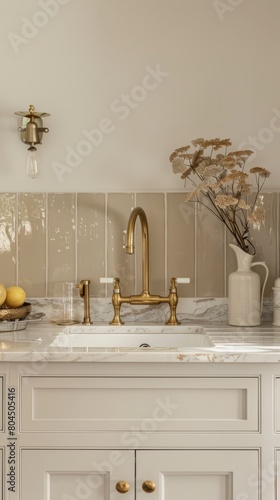 Kitchen painted in a cream shade  marble surface in a cream shade  modern country style.