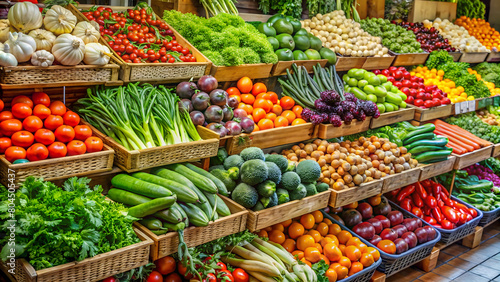 Variety of fruits and vegetables on a market stall photo