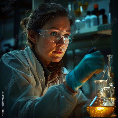 This is an image of a researcher conducting chemical research. A researcher conducting a new substance test, an image conducting research, Generlate AI