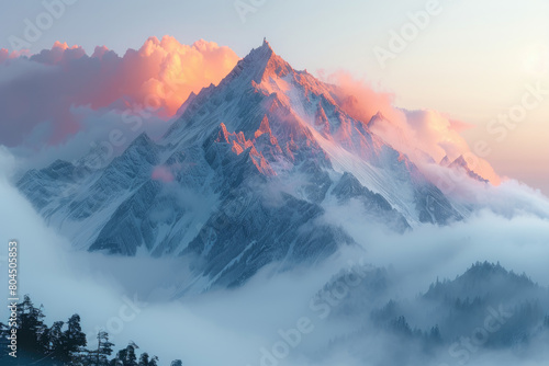 A majestic mountain peak, bathed in the soft glow of sunrise or sunset, with snowcovered peaks and clouds swirling below. Created with Ai photo