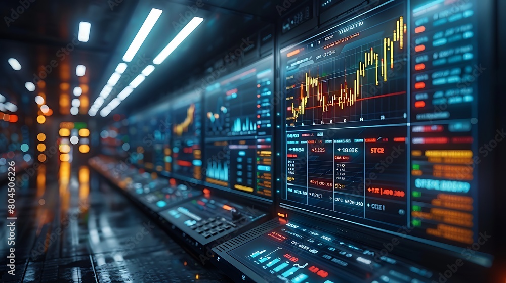 Visualize a high-tech trading room featuring a futuristic holographic display of stock market charts and forex rates, hovering in the air and providing real-time financial data. Visualize a high-tech trading room featuring a futuristic holographic display of stock market charts and forex rates, hovering in the air and providing real-time financial data.