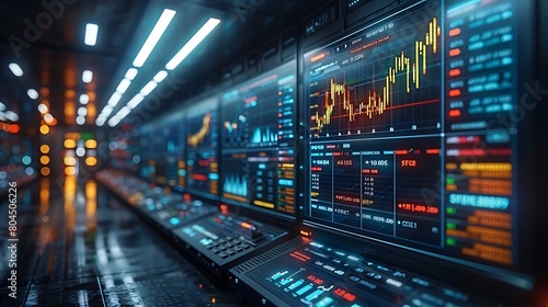 Visualize a high-tech trading room featuring a futuristic holographic display of stock market charts and forex rates, hovering in the air and providing real-time financial data.