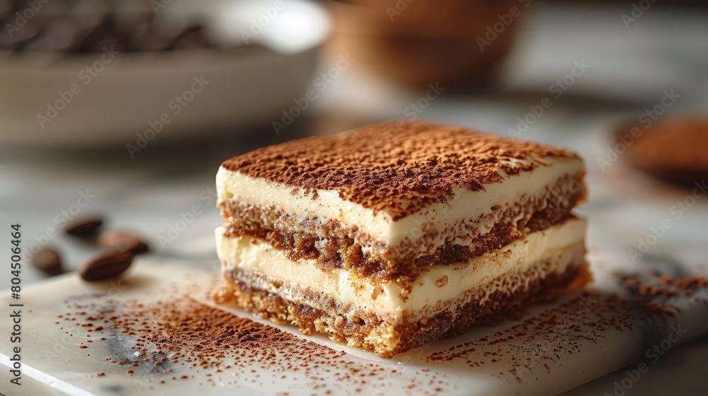 Tiramisu, classic Italian dessert, in a square cut. Photorealistic. HD. Tiramisu, classic Italian dessert, in a square cut. Photorealistic. HD.