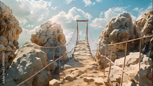 Rope bridge between two boulders. 4k video photo
