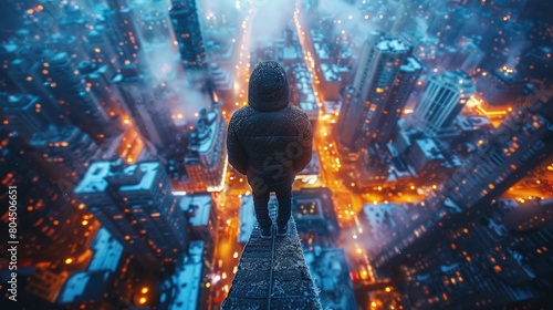 Urban climber scaling tall building, night lights, stealth. Photorealistic. HD.