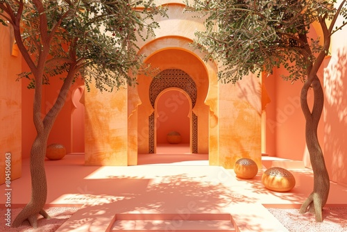 A bright orange room with a tree in the corner