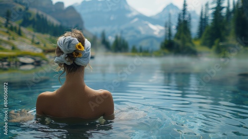 Wellness retreat in the Canadian Rockies, hot springs, guided meditation, pristine nature. Photorealistic. HD. photo