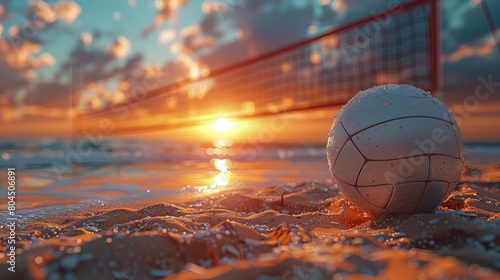 Volleyball on sandy beach, sunset, net in soft focus, summer game . Photorealistic. HD.