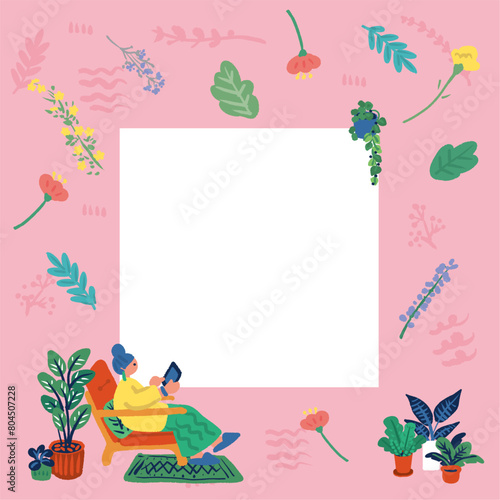 リビングでくつろぐ女性の手描きイラスト

