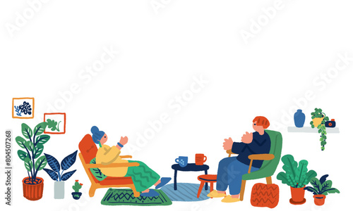 リビングでくつろぐ男女の手描きイラスト
