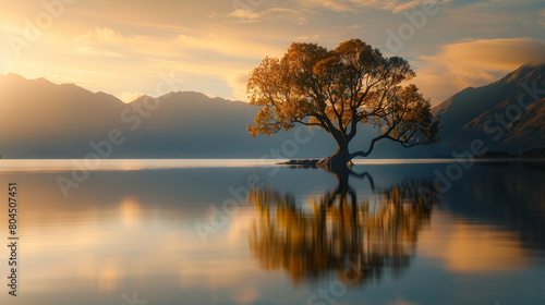 A large tree is reflected in the water of a lake. The scene is serene and peaceful  with the tree standing out as a focal point