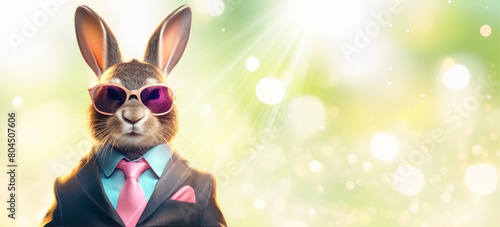 witziger Osterhase im Business Anzug mit rosa Sonnenbrille vor einem Frühling frischen hell grünen Hintergrund als Banner Vorlage und Hintergrund zu Ostern Grüße mit Sonnenstrahlen und Bokeh © www.barfuss-junge.de