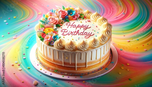 Illustration of Happy birthday cake with cream and flowers on colorful background.