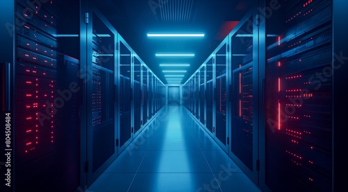 High-Tech Server Room with Blue and Red LED Lights