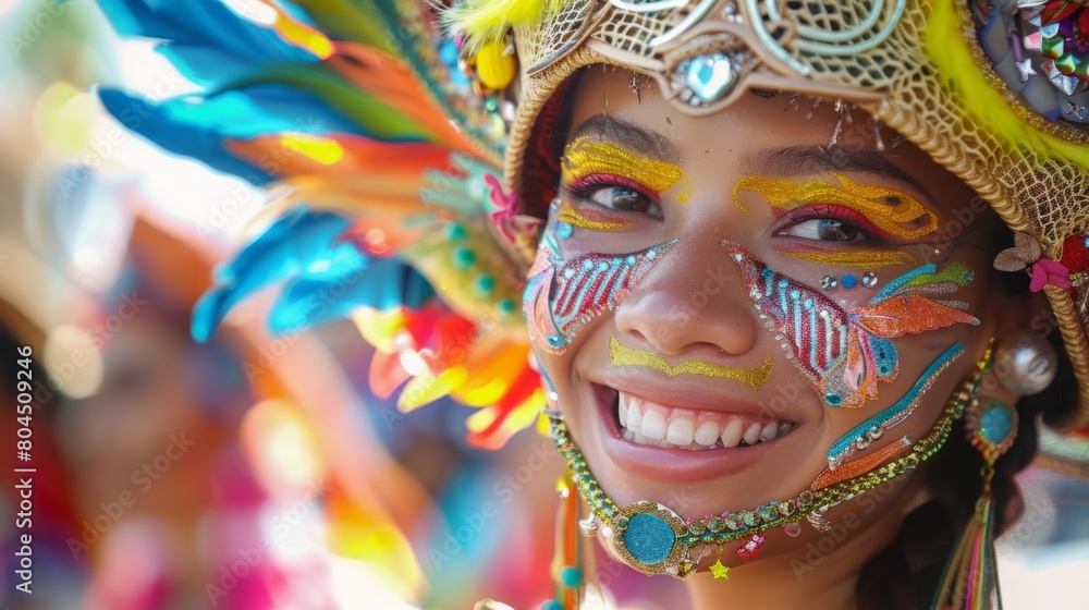 A woman wearing a vibrant headdress smiles for the camera in this portrait.