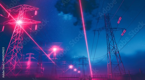 Glowing Power Lines in Night Sky