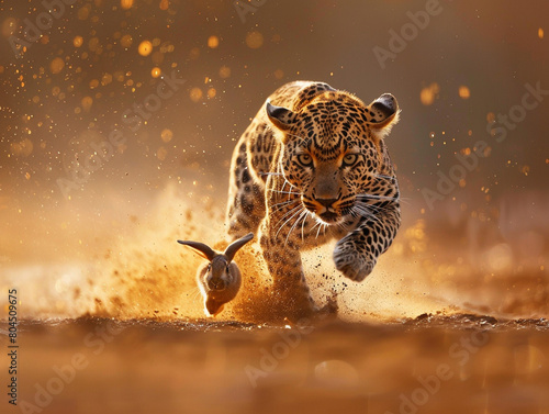 African wildlife illustration  leopard attacking rabbit. Unusual background.