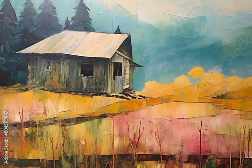 calming wooden house nestled in farmhouse, abstract landscape art, painting background, wallpaper, generative ai