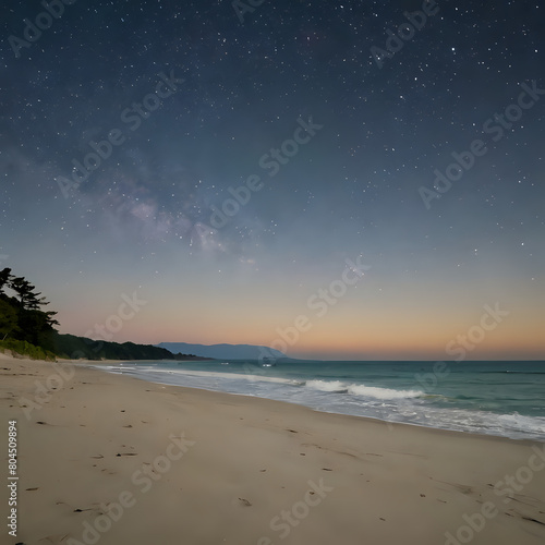 starry sky over the ocean and beach with footprints in the sand