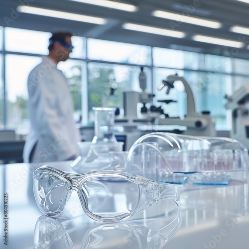 Goggles sit on a desk, with sunny light in a modern lab. Summer light fills a lab with clear goggles on a desk.