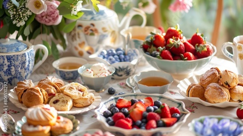 A table decorated with bowls of fresh fruit and plates of scones and pastries to enjoy alongside the various herbal teas.