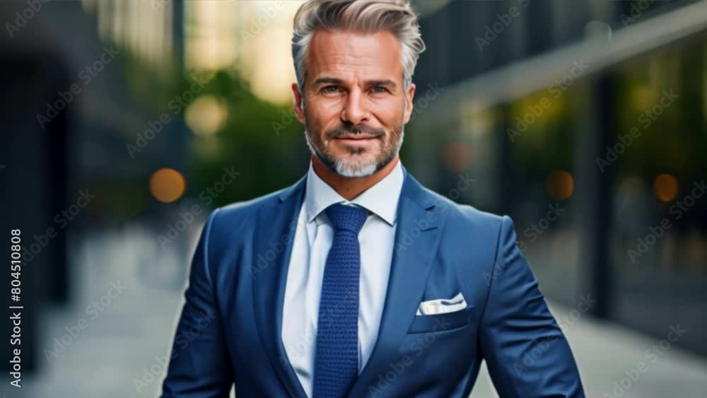 Confident businessman in a city setting, dressed in a sharp suit, exuding success and professionalism with a charming smile Confident businessman in a city setting, dressed in a sharp suit, exuding success and professionalism with a charming smile